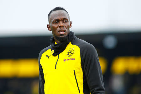 Soccer Football - Usain Bolt participates in a training session with Borussia Dortmund - Strobelallee Training Centre, Dortmund, Germany - March 23, 2018 Usain Bolt during Borussia Dortmund training REUTERS/Thilo Schmuelgen