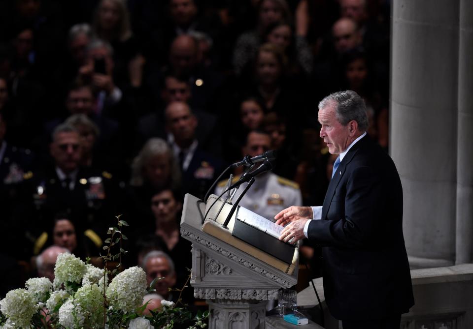 Former U.S. President George W. Bush speaks during a memorial service for U.S. Senator John McCain at the Washington National Cathedral in Washington, DC, on Sept. 1, 2018.