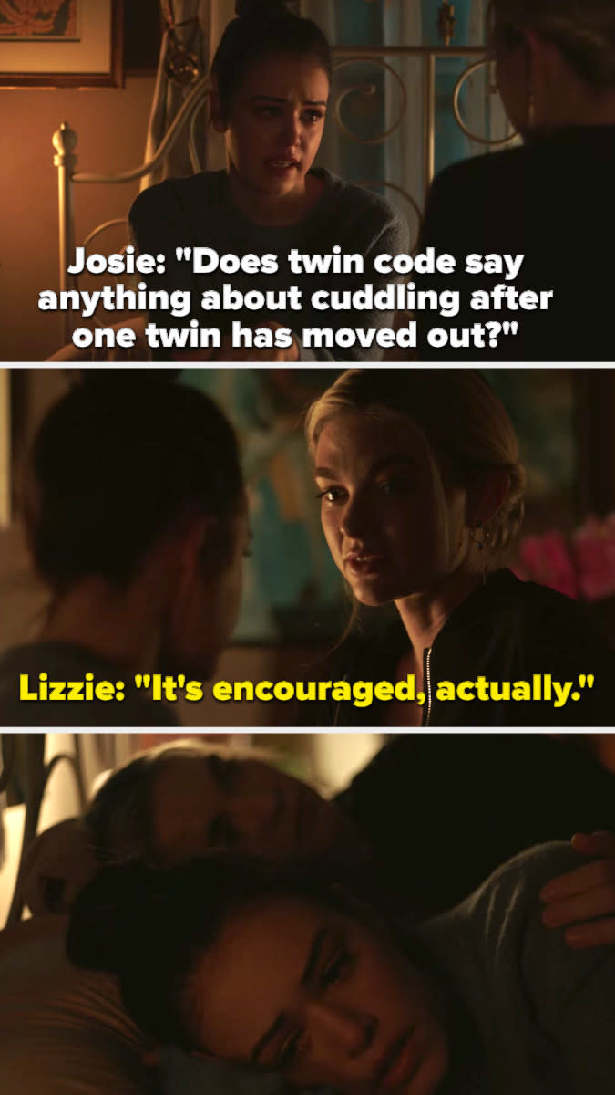 Josie: "Does twin code say anything about cuddling after one twin has moved out?"