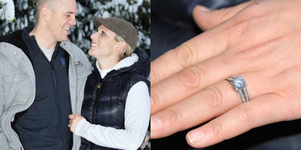 <p>Zara's ring from rugby player Mike Tindall is custom-designed diamond and platinum—a pretty big departure from her fellow royals' colourful stones. </p>