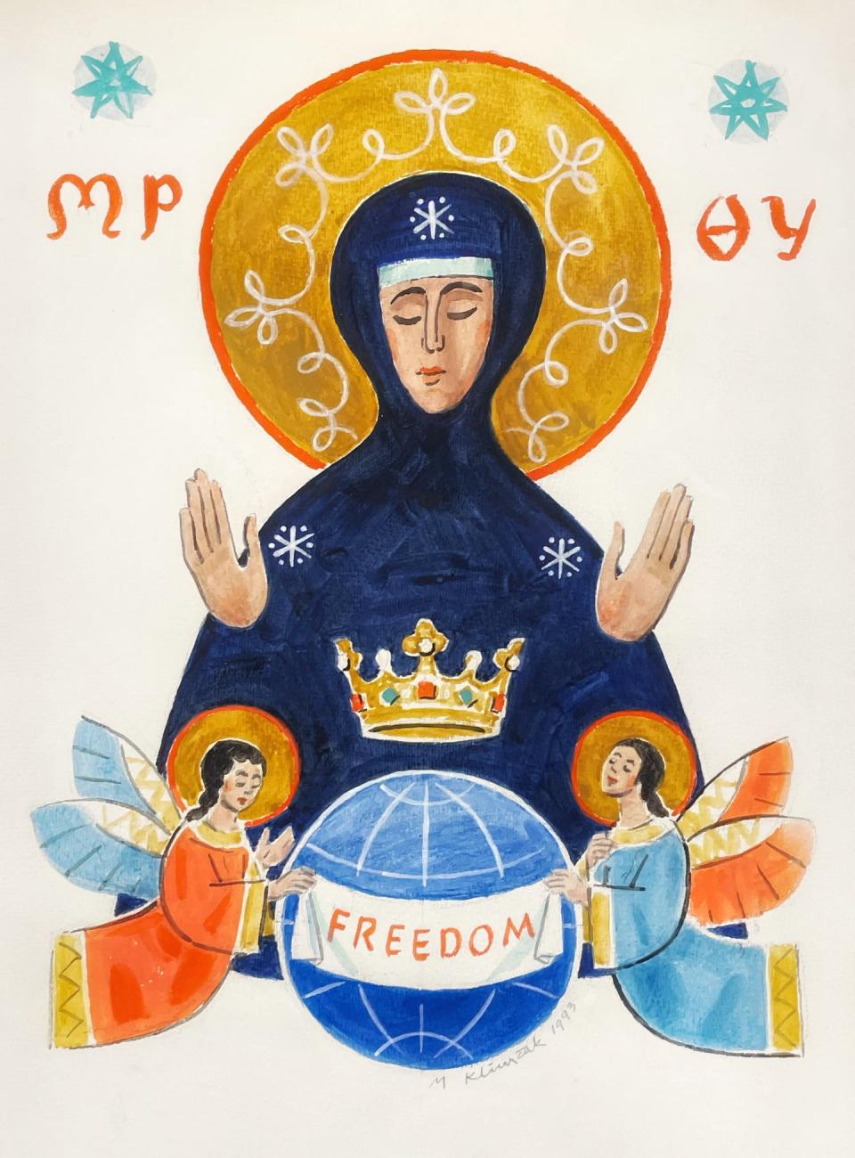 <span class="caption">Mary the Woman of Freedom II, by Mikuláš Klimčák, 1993.</span> <span class="attribution"><span class="source">Ukrainian Marian Collection, Marian Library, University of Dayton.</span>, <a class="link " href="http://creativecommons.org/licenses/by-nd/4.0/" rel="nofollow noopener" target="_blank" data-ylk="slk:CC BY-ND;elm:context_link;itc:0;sec:content-canvas">CC BY-ND</a></span>