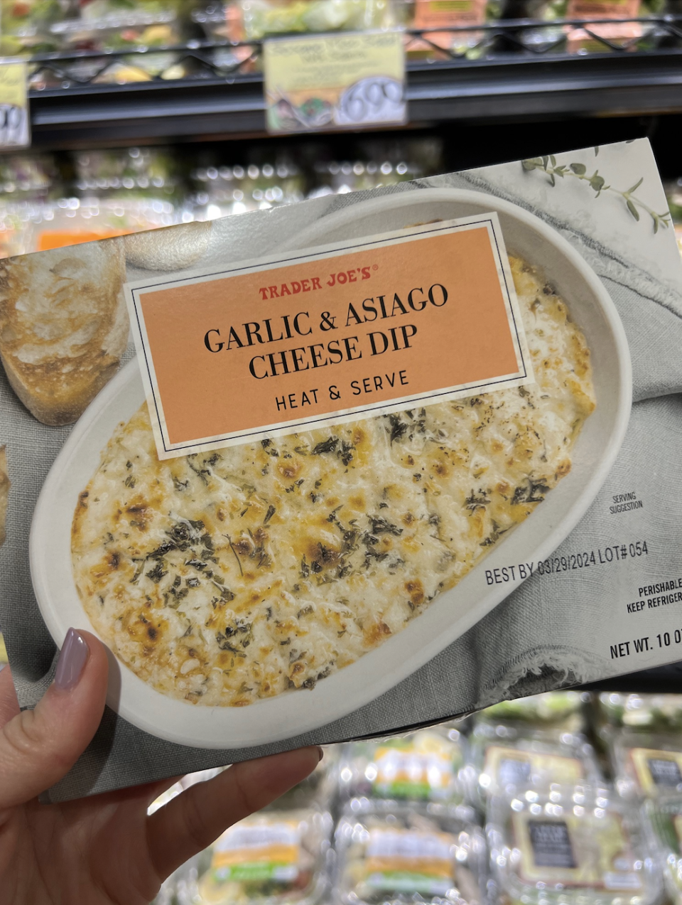 Hand holding a Trader Joe's Garlic & Asiago Cheese Dip container over a grocery store refrigerator shelf