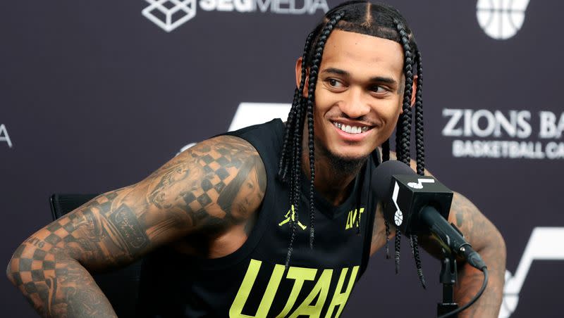 Guard Jordan Clarkson talks to members of the media during Utah Jazz media day at the Zions Bank Basketball Center in Salt Lake City on Monday, Oct. 2, 2023.