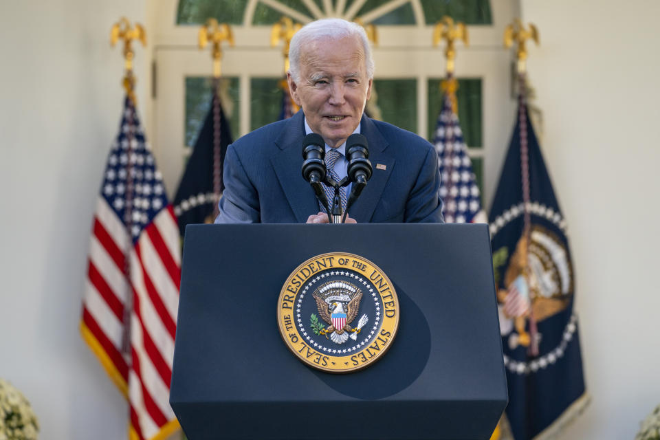 President Joe Biden delivers remarks on hidden junk fees in the Rose Garden of the White House, Wednesday, Oct. 11, 2023, in Washington. (AP Photo/Evan Vucci)