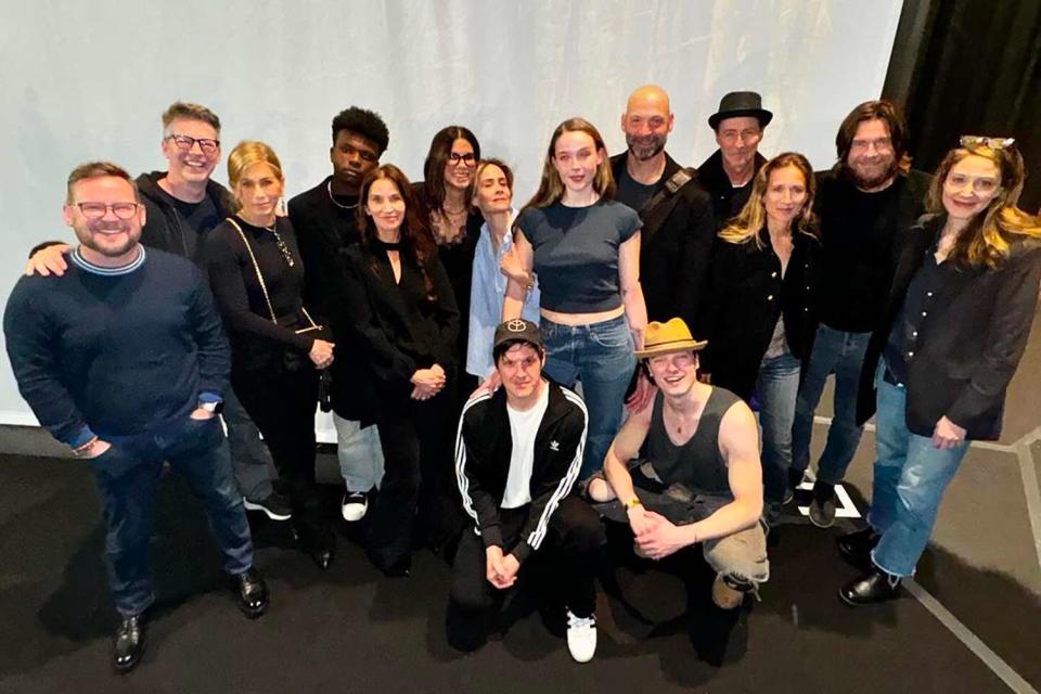 <p>Instagram/cotticenogle</p> From left: Scott Icenogle, Sean Hayes, Jennifer Aniston, Louis Bullock, Amanda Anka, Sandra Bullock, Sarah Paulson, Ella Beatty, Corey Stoll, Edward Norton, Shauna Robertson, Jason Bateman, Natalie Gold; front row: Michael Esper and Graham Campbell