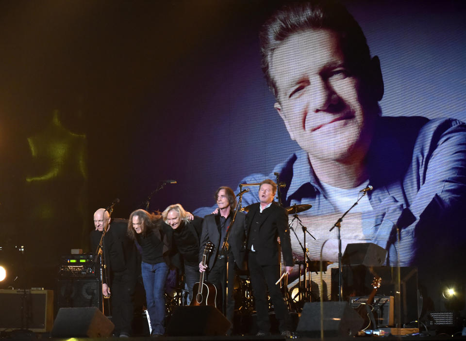 LOS ANGELES, CA - FEBRUARY 15:  (L-R) Recording artists Bernie Leadon, Jackson Browne,Timothy B. Schmit, Joe Walsh and Don Henley perform onstage during The 58th GRAMMY Awards at Staples Center on February 15, 2016 in Los Angeles, California.  (Photo by Jeff Kravitz/FilmMagic)