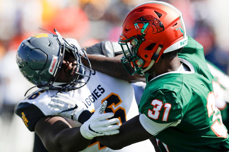 Florida A&M Rattlers linebacker Isaiah Land (31) blocks during a game between FAMU and North Carolina A&T at Bragg Memorial Stadium Sunday, Oct. 20, 2019. 