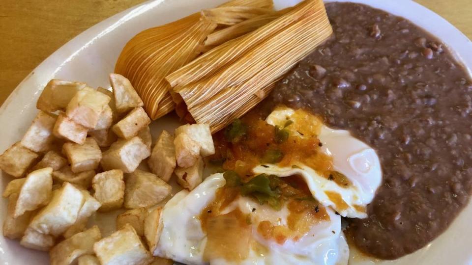 Eggs “tamaleros” is a menu item at Amy’s Restaurant in north Fort Worth.