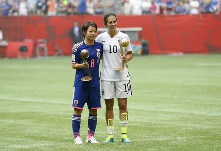 Jul 5, 2015; Vancouver, British Columbia, CAN; United States midfielder Carli Lloyd (10) wins the 2015 Golden Ball and Japan midfielder Aya Miyama (8) wins the 2015 Bronze ball after the final of the FIFA 2015 Women's World Cup at BC Place Stadium. Credit: Michael Chow-USA TODAY Sports