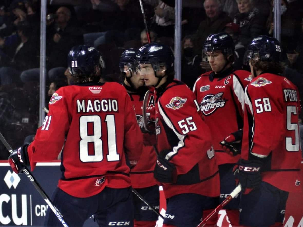 The Windsor Spitfires celebrate a goal. (Tim Cornett/Windsor Spitfires - image credit)