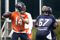 Chicago Bears quarterback Andy Dalton (14) looks to pass during NFL football practice in Lake Forest, Ill., Wednesday, July 28, 2021. (AP Photo/Nam Y. Huh)