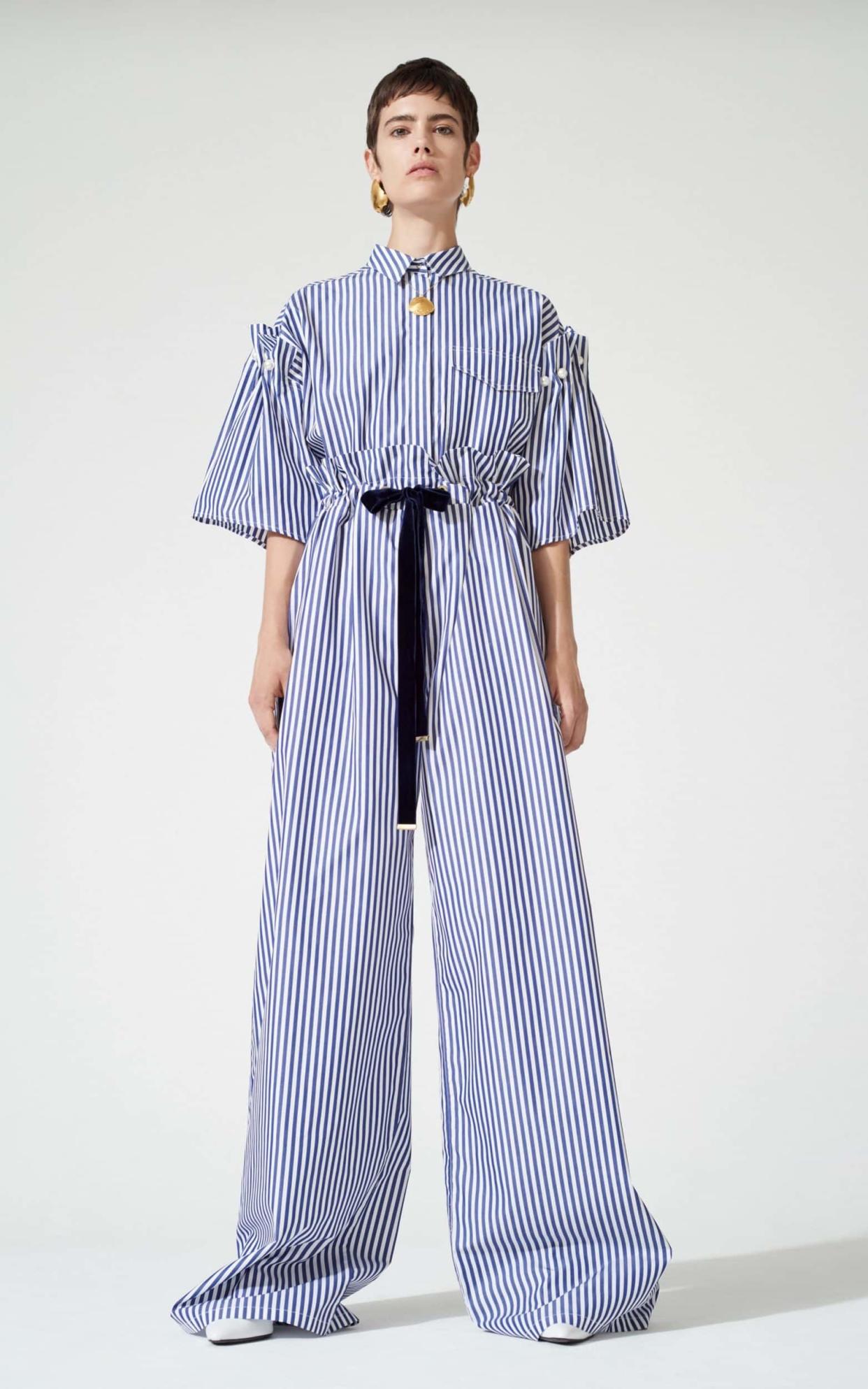 For a bitesize understanding of the implications of sustainability - or lack of - on your clothes visit motherofpearl.co.uk where Powney’s 10 tenants of mindful production offer useful insight. Blue/white stripe shirt - £295 Blue/white stripe high waisted trousers with paper bag waist - £195, both Mother of Pearl