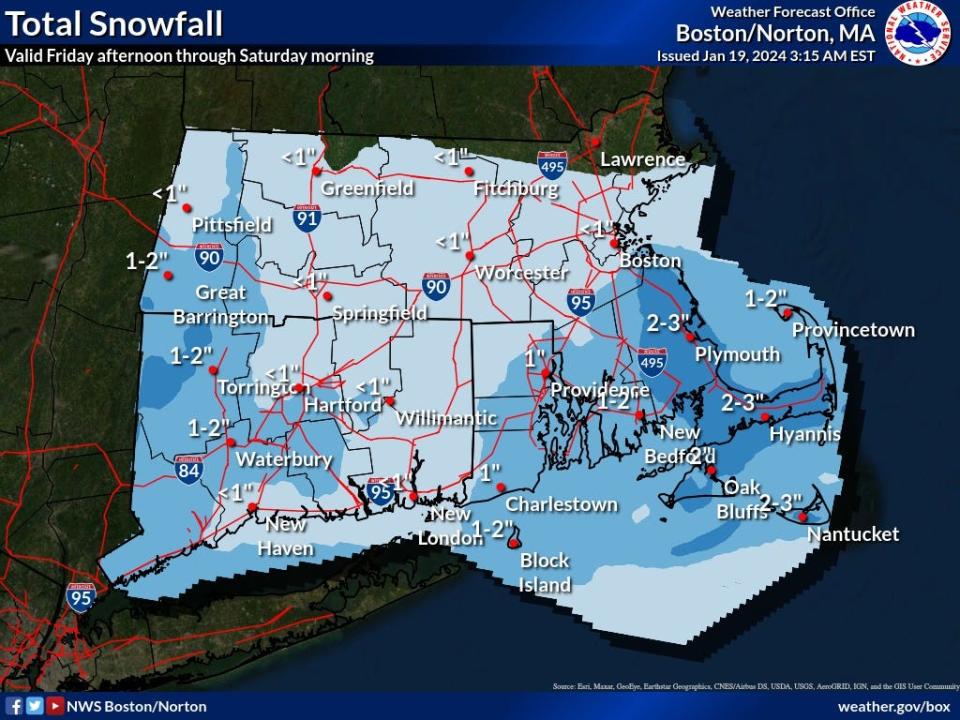 Some parts of Cape Cod could receive around three inches of snow on Friday into Saturday, according to the National Weather Service. It is likely that snow will be falling during Friday's evening commute, possibly causing minor travel impacts.