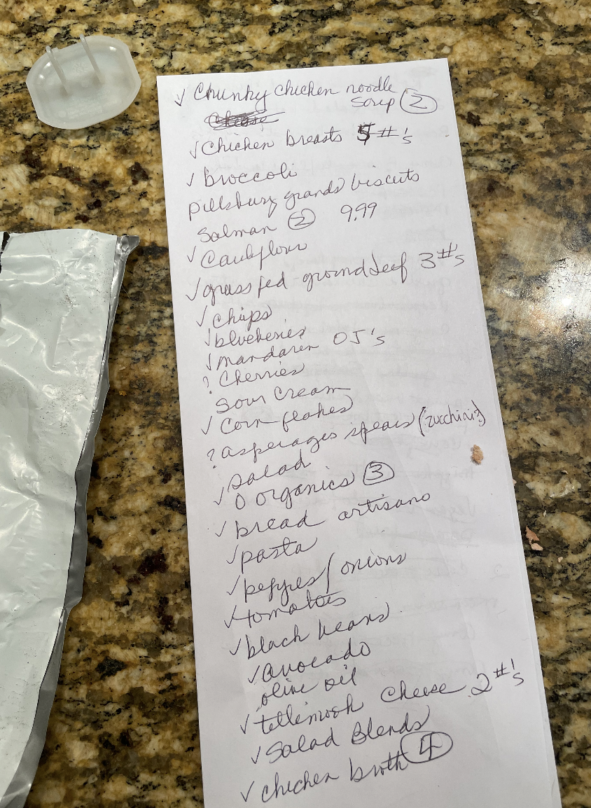 A handwritten grocery list