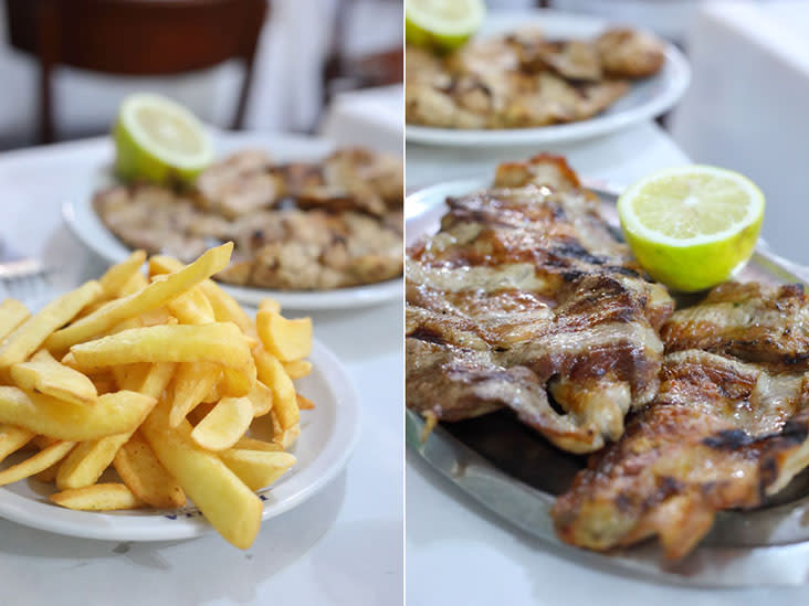 'Papas fritas', Argentinian steak fries (left) and 'matambrito de cerdo' or thin pork fillets (right)