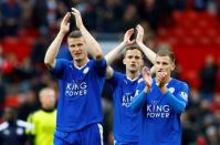 Britain Football Soccer - Manchester United v Leicester City - Barclays Premier League - Old Trafford - 1/5/16 Leicester City's Robert Huth applauds the fans at the end of the game Reuters / Darren Staples