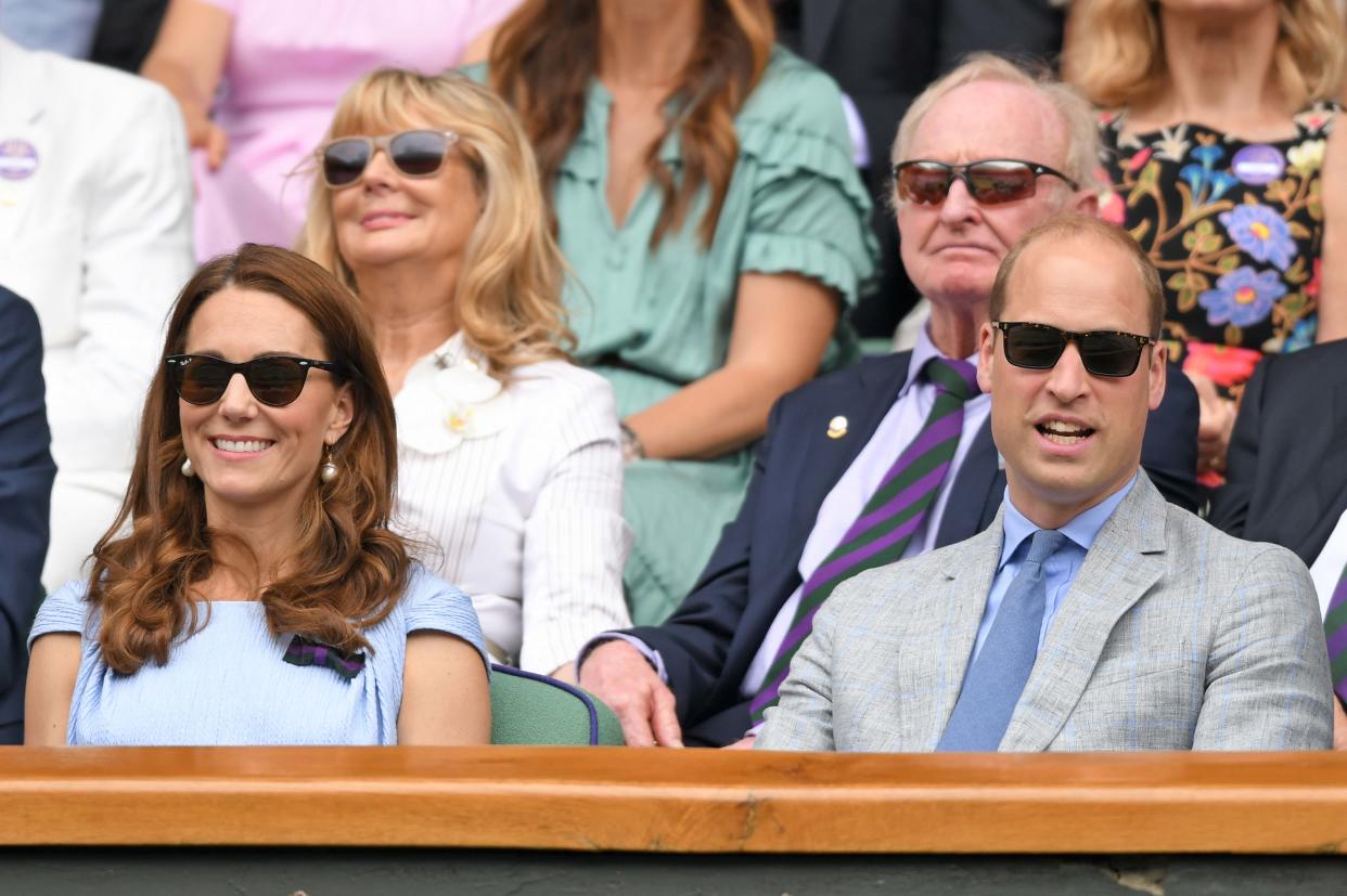 LONDON, ENGLAND - JULY 14: Catherine, Duchess of Cambridge and Prince William, Duke of Cambridge in the Royal Box on Centre court during  Men's Finals Day of the Wimbledon Tennis Championships at All England Lawn Tennis and Croquet Club on July 14, 2019 in London, England. (Photo by Karwai Tang/Getty Images)