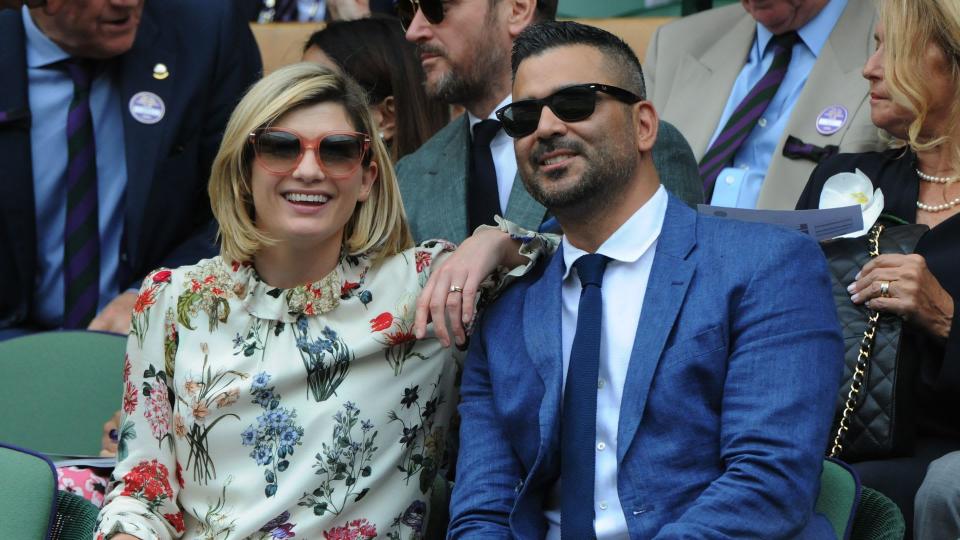 Actress Jodie Whittaker in the Royal box with husband, American actor, Christian Contreras at Wimbledon, 2019