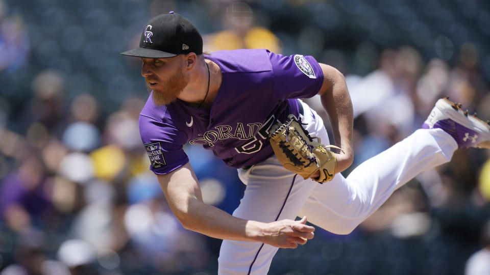Colorado Rockies starting pitcher Jon Gray works against the Pittsburgh Pirates in the first inning of a baseball game Wednesday, June 30, 2021, in Denver. (AP Photo/David Zalubowski)
