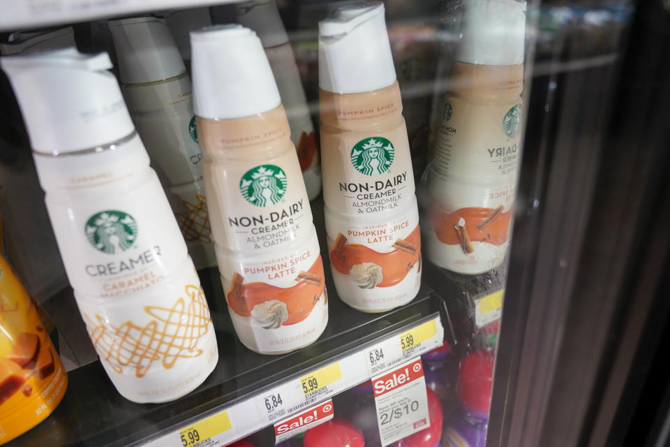 Starbucks' Pumpkin Spice Latte coffee creamers are displayed at a Target store, Wednesday, Aug. 23, 2023, in New York. The latte that made pumpkin spice a star is turning 20. And unlike the autumn days it celebrates, there seems to be no chill in customer demand. Starbucks' Pumpkin Spice Latte goes on sale Thursday in the U.S. and Canada. It's the coffee giant's most popular seasonal beverage, with hundreds of millions sold since its launch in 2003. (AP Photo/Mary Altaffer)