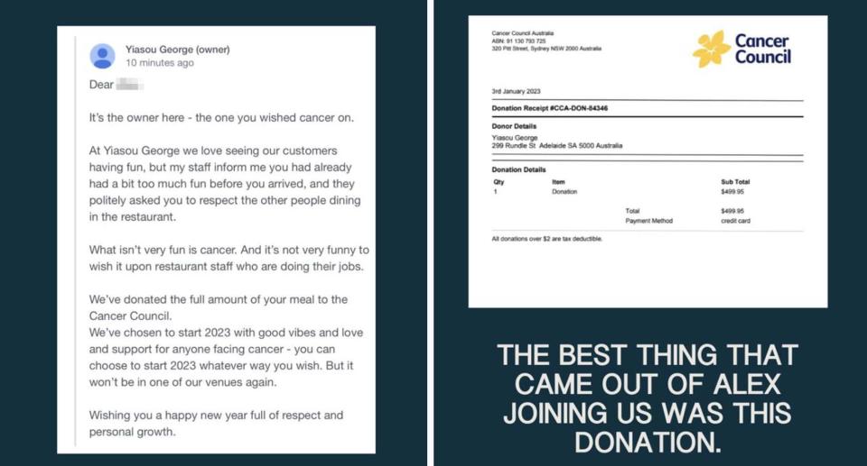 Mr Brown's online response (left) and the receipt of the donation to the Cancer Council.