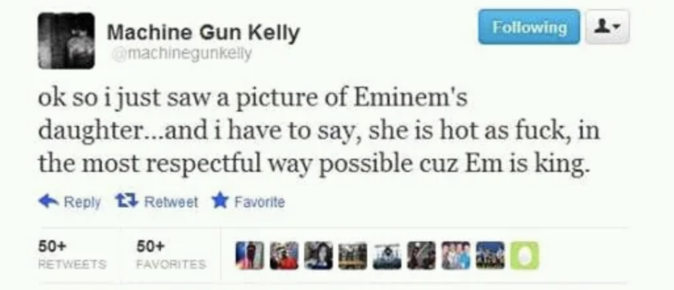 Screenshot of an MGK tweet calling eminem's daughter hot