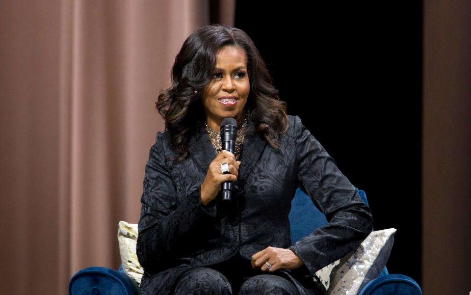 Michelle Obama speaking at a stop on her 