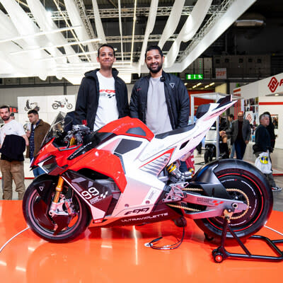 Niraj Rajmohan (CTO) and Narayan Subramaniam (CEO) at EICMA 2023 with Ultraviolette F99 Factory Racing Platform