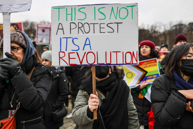 A demonstration in Berlin, Germany in <em>December 2022 </em>following the killing of <em>Mohsen Shekari, a protestor in Iran who was </em><a href="https://www.bbc.com/news/world-middle-east-63900099" rel="nofollow noopener" target="_blank" data-ylk="slk:executed by the regime;elm:context_link;itc:0;sec:content-canvas" class="link ">executed by the regime</a><em>. </em><p>Photo: Omer Messinger for Stringer/Getty Images</p>