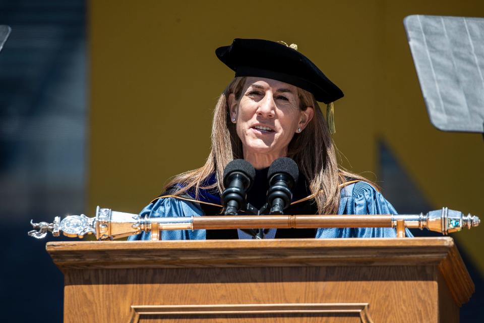 Anne Curzan, dean of U-M's College of Literature, Science and the Arts speaks during the Comeback Commencement for the Class of 2020 at the Michigan Stadium in Ann Arbor on Saturday, May 7, 2022.