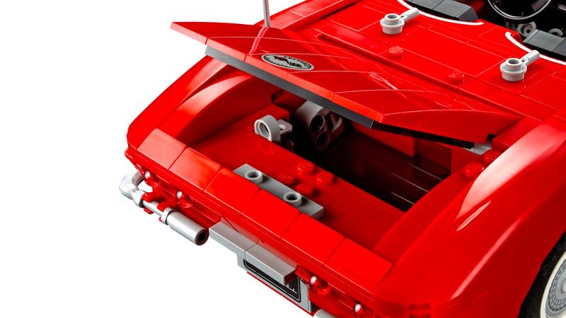 A close-up of the rear of the Lego Icons 1961 Corvette model with the trunk open.
