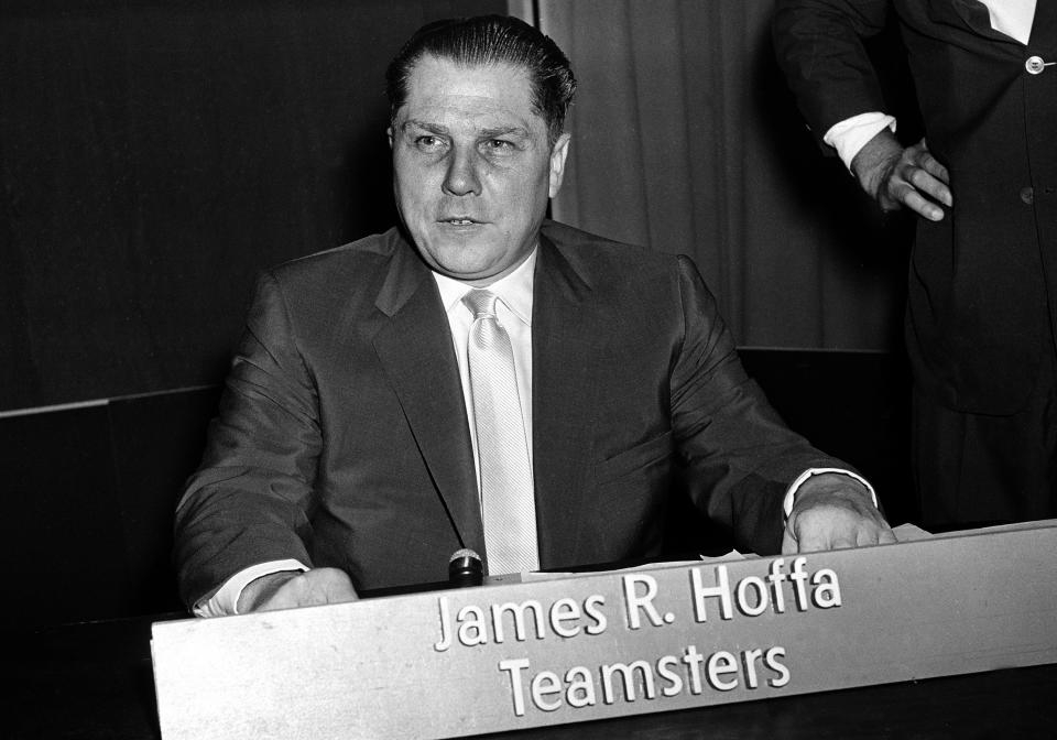 FILE - This photo shows Teamsters Union president Jimmy Hoffa in Washington on July 26, 1959. The FBI's recent confirmation that it was looking at a spot near a New Jersey landfill as the possible burial site of former Teamsters boss Jimmy Hoffa is the latest development in a search that began when he disappeared in 1975. (AP Photo/File)