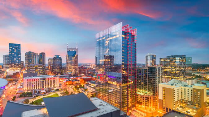 Nashville, Tennessee, USA downtown cityscape at dusk.