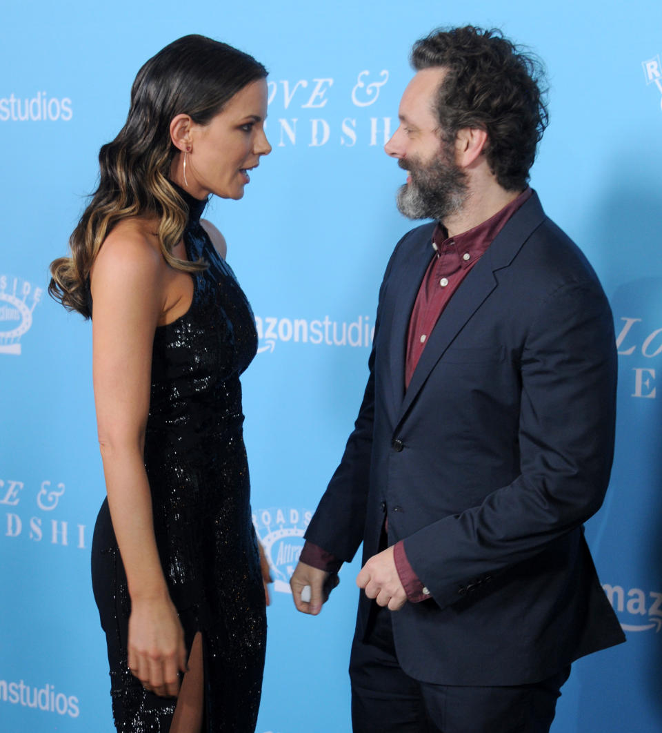 LOS ANGELES, CA - MAY 03: Actors Michael Sheen and Kate Beckinsale arrive at the premiere of Roadside Attractions' "Love And Friendship" at Directors Guild Of America on May 3, 2016 in Los Angeles, California.  (Photo by Gregg DeGuire/WireImage)