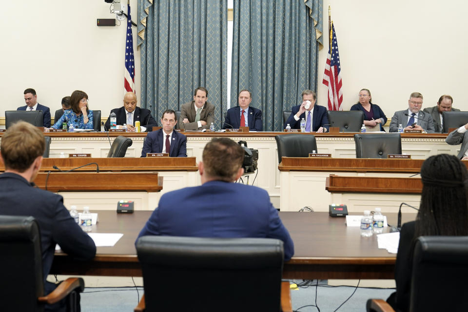 Rep. Jim Himes, D-Conn., asks question during a House Intelligence Committee hearing on Commercial Cyber Surveillance, Wednesday, July 27, 2022, on Capitol Hill in Washington. (AP Photo/Mariam Zuhaib)