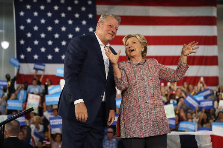MIAMI, FL - OCTOBER 11: Democratic presidential nominee former Secretary of State Hillary Clinton and former Vice President Al Gore campaign together at the Miami Dade College - Kendall Campus, Theodore Gibson Center on October 11, 2016 in Miami, Florida. Clinton continues to campaign against her Republican opponent Donald Trump with less than one month to go before Election Day. (Photo by Joe Raedle/Getty Images)