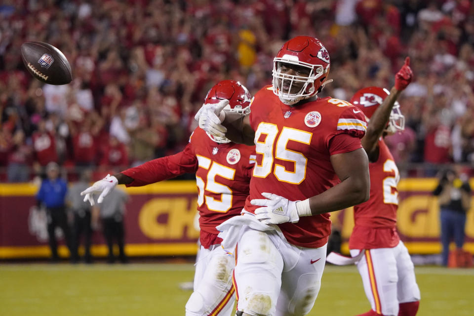 Kansas City Chiefs defensive tackle Chris Jones (95) celebrates after sacking Las Vegas Raiders quarterback Derek Carr during the first half of an NFL football game Monday, Oct. 10, 2022, in Kansas City, Mo. (AP Photo/Ed Zurga)