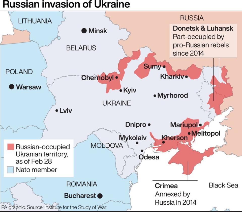 This map shows the extent of Russia’s attack on Ukraine (PA)