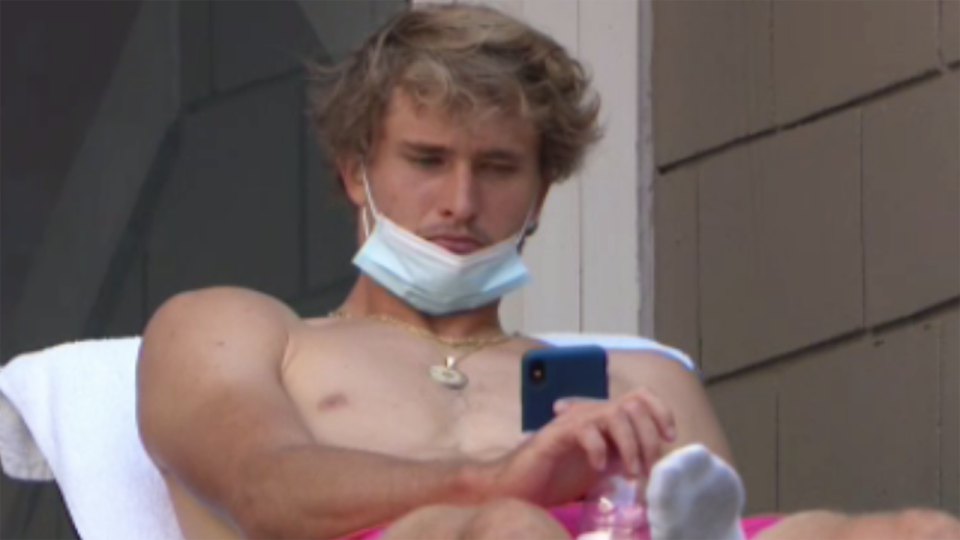 Alexander Zverev is pictured sunbaking before his US Open match against Adrian Mannarino.