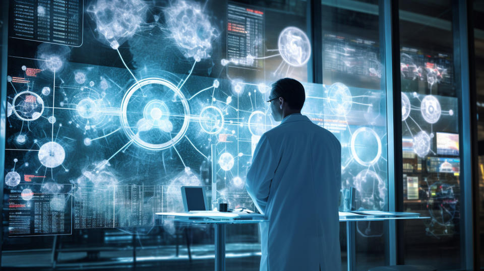 A medical staff in white coats monitoring the progress of cancer immunotherapy trials.