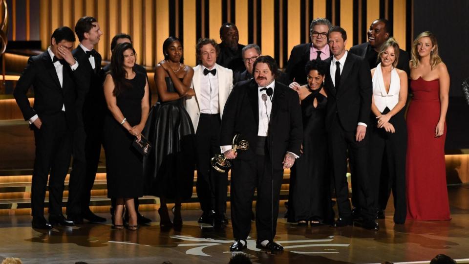 PHOTO: Canadian chef and actor Matty Matheson speaks as the cast and crew of 'The Bear' accept the award for Outstanding Comedy Series onstage during the 75th Emmy Awards at the Peacock Theatre at L.A. Live in Los Angeles on Jan. 15, 2024. (Valerie Macon/AFP via Getty Images)