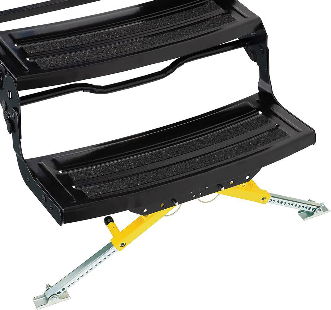 RV Step Stabilizer kit designed to give ground support to eliminate bounce and instability when going in and out of fifth-wheel travel trailers and motorhomes.