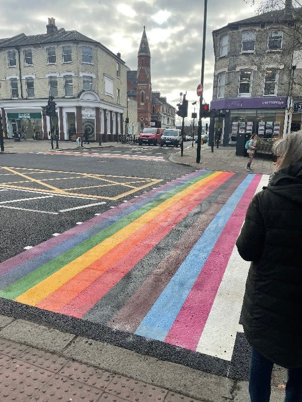 One of the rainbow crossings at the junction of Chiswick High Road and Turnham Green Terrace, Greater London