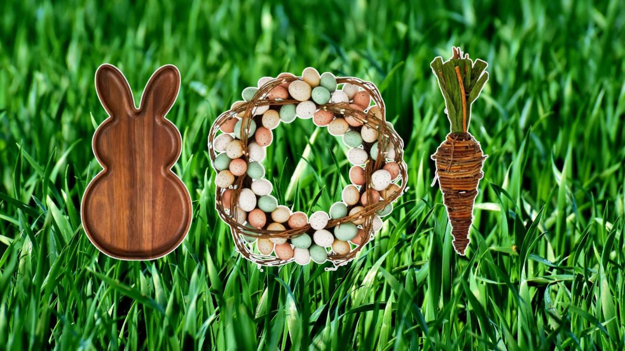  Walmart Easter decor ideas, including a wooden bunny tray, an egg wreath, and a wooden carrot on a green grass background. 