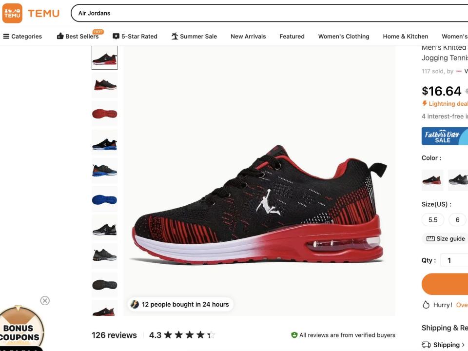 A screenshot of ecommerce site Temu shows a listing for fake Nike Jordan sneakers.