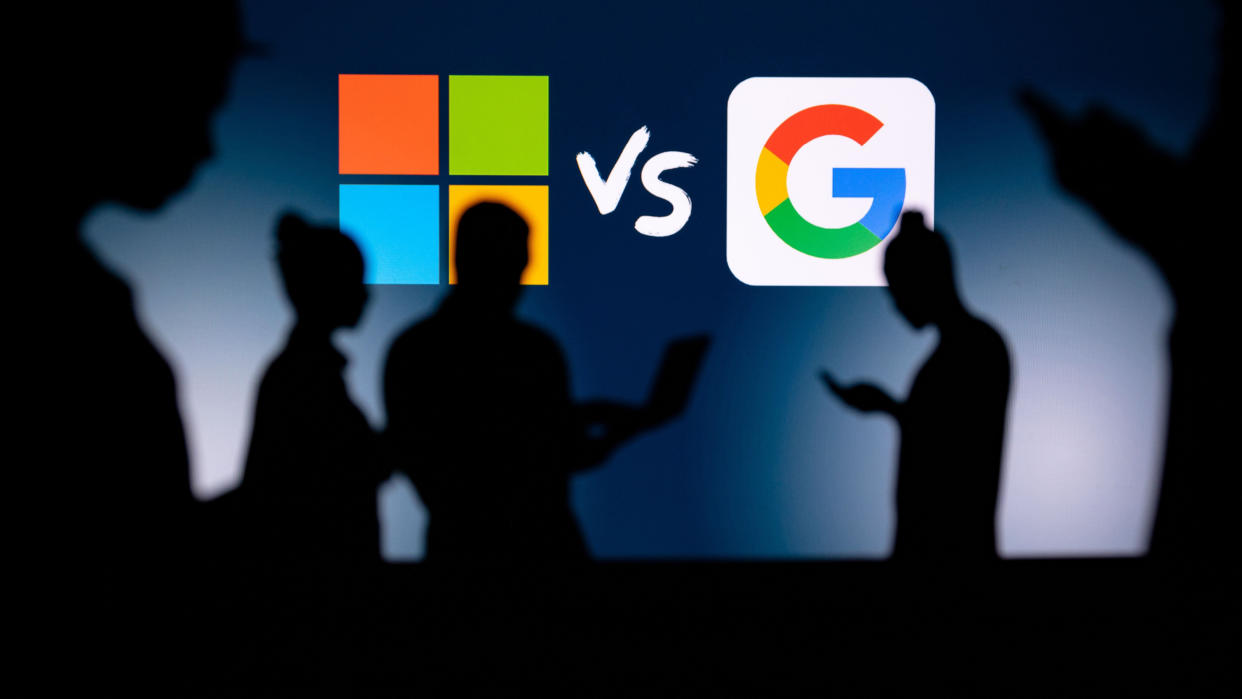  Microsoft vs Google. Innovating Together: Silhouetted Web Developers Uniting for Progress with Company Logo in Background 