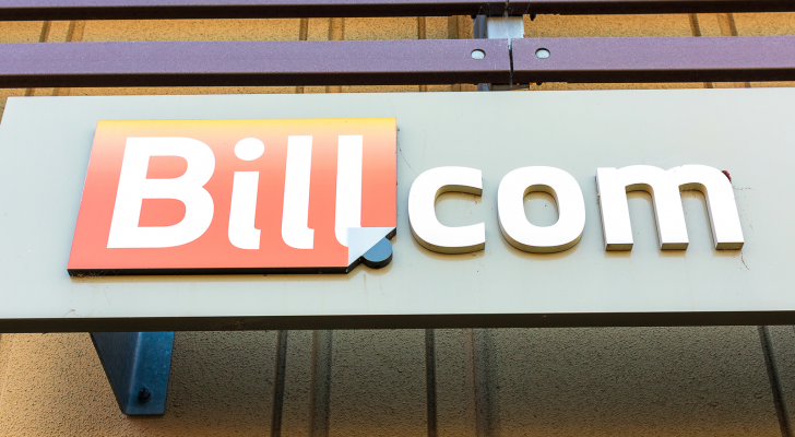 The Bill.com logo in front of a building representing BILL stock.