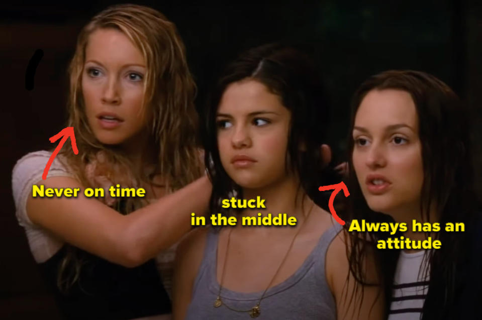 A screenshot from a scene in the movie "Monte Carlo" with Kate Cassidy on the left with the caption "Never on time," Selena Gomez with the caption "stuck in the middle" and Leighton Meester with the caption "Always has an attitude"
