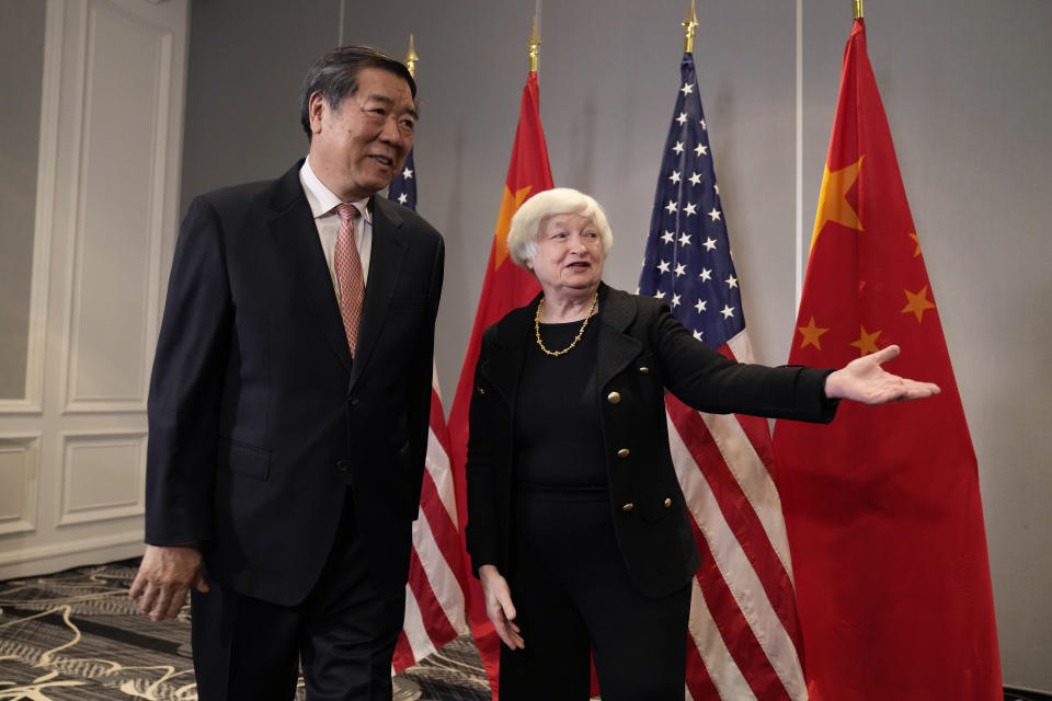 Treasury Secretary Janet Yellen, right, greets Chinese Vice Premier He Lifeng Thursday, Nov. 9, 2023, in San Francisco. Yellen and Lifeng are meeting in San Francisco on Thursday to start two days of talks aimed at making progress on a slew of economic issues when competition has markedly intensified between their countries. (AP Photo/Eric Risberg)