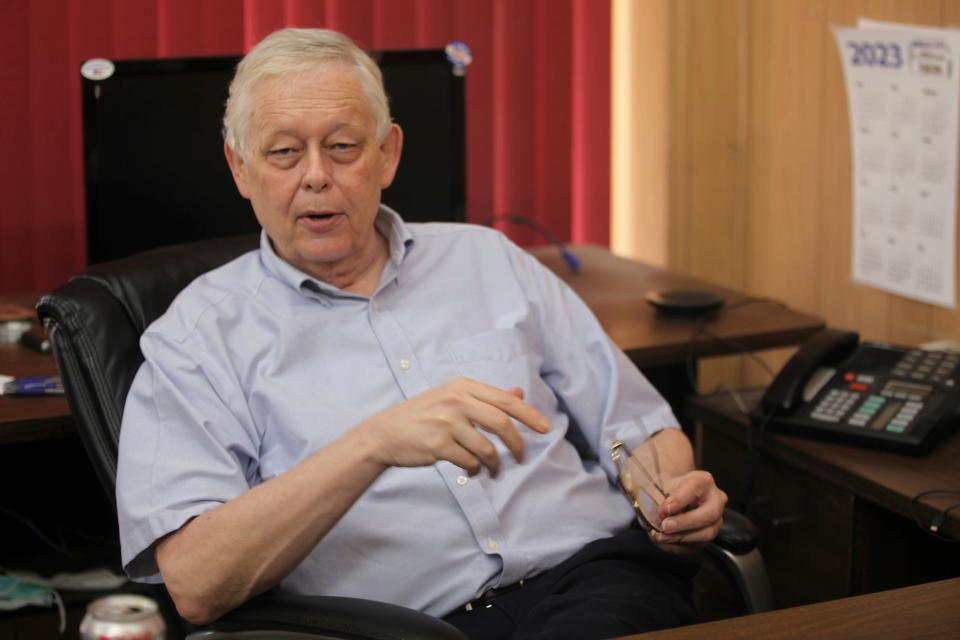 Eric Meyer, the editor and publisher of the Marion County Record, answers questions about a raid by local police and sheriff's deputies on his newspaper's newsroom and his home, Aug. 13, in Marion, Kansas.
(Credit: John Hanna/ASSOCIATED PRESS)